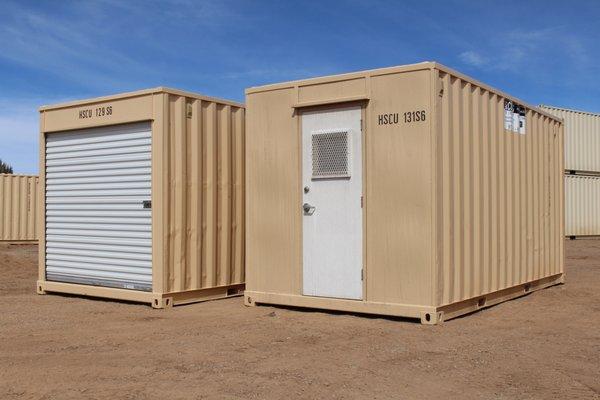 Modified storage containers for storage or office space.