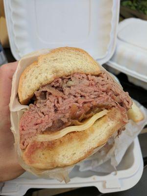 French dip with provolone and grilled onions