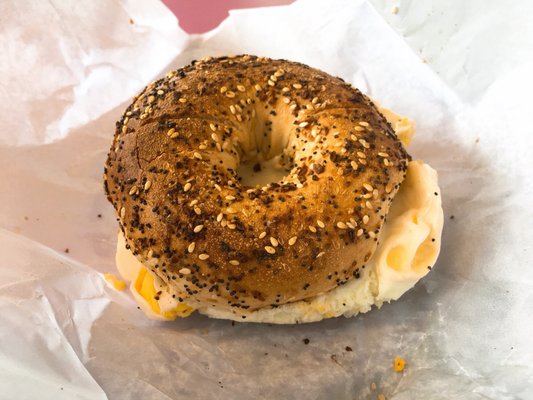 Eggs, Cheese, Bacon & Sausage on an Everything Bagel