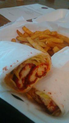 Flamin' Hot chicken wrap and fries.