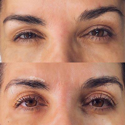 A perm based Lash Lift solution is used to lift, separate, and add extra definition to your lashes