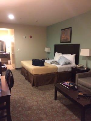 $100 a night after taxes. King bed, small couch and kitchenette in the room. Huge bathroom too.