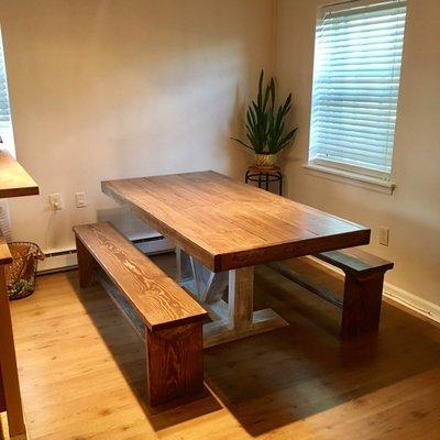 6' trestle table dining set. Almond table top and benches with distressed table base in white wash.