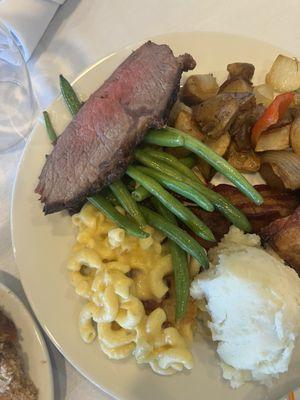 Mother's Day brunch May 2024 Prime rib  Green beans with sliver almonds  Mashed potatoes  Macaroni  Breakfast potatoes