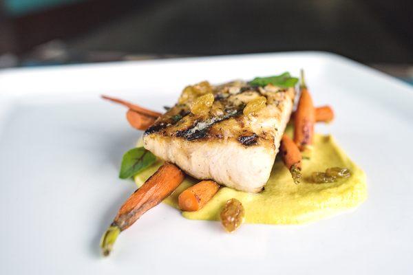 Grilled Cobia, with summer carrots, curried cauliflower puree.