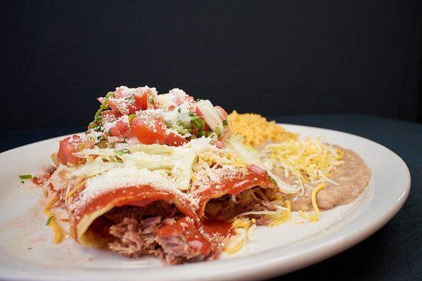 2 Beef Enchiladas with a side of rice & beans