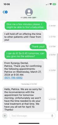 There were also three phone calls in-between. But here you can see that they a) promised to hold the spot, and then b) gave it away.