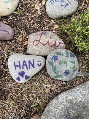 Party of the fairy forest--visitors can write their names on rocks that are placed within a heart lined with other rocks.