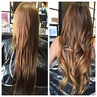 Before and after root touch up to darken base & full balayage