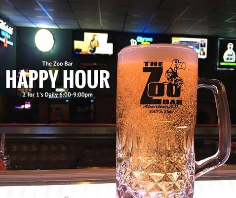 Come down to The Zoo for Happy Hour! 2 for 1's daily from 6:00-9:00pm.