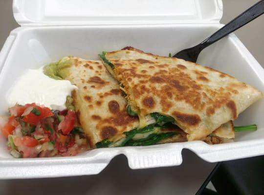 Spinach and chicken quesadilla. Good stuff!