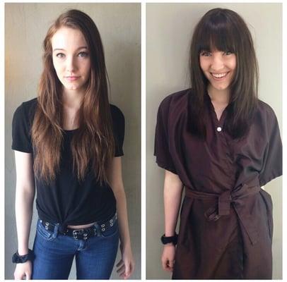 Before & after cutting 5 inches off, adding fringe, face-framing and layers & going darker on Lindy. By Rachel Grace.