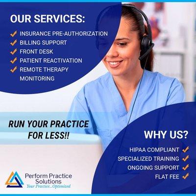 Perform Practice Solution helps you reach your goals, optimize your time, and save money. Ask us about our Virtual Staffing Solutions.