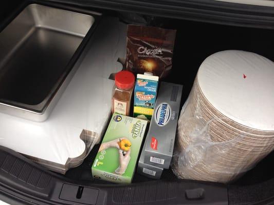 Cake boxes & boards, nutmeg, cream cheese, Dutch process cocoa powder, heavy whipping cream, vinyl gloves & buffet pan = $148!