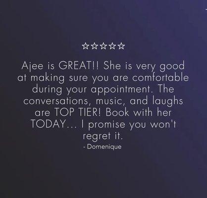 A 5 Star Review from our amazing client!! The experience is truly exquisite. Book your appointment today!