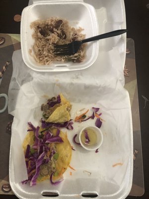 Jerk Tacos with Red Cabbage and a side of Rice and Peas.