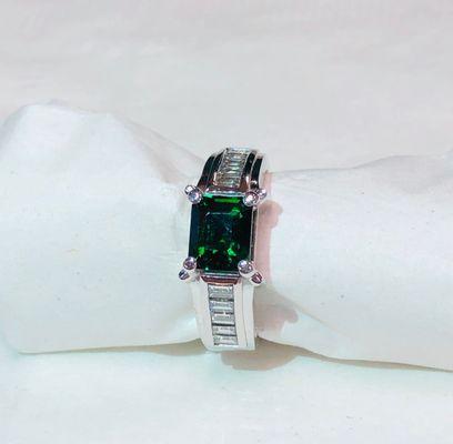 3.08 carat Tsavorite with diamonds in white gold custom mount