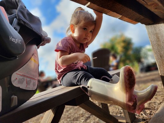 Eating at the picnic tables