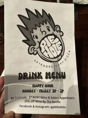 Drink menu has the weekday happy hour info on it.