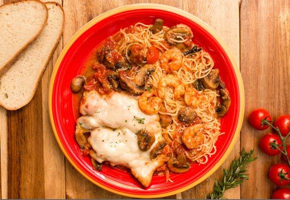 Milano! Chicken & Shrimp in a lite Marsala-Marinara sauce with Mushrooms & diced tomatoes over Cappellini topped with melted Provolone!