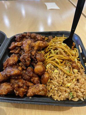 Orange chicken and Egg Fried Rice with Chow Mein