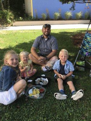 Our yearly family tradition, oysters on the half shell and smoked bluefish pate with fresh bread picnic on the green!