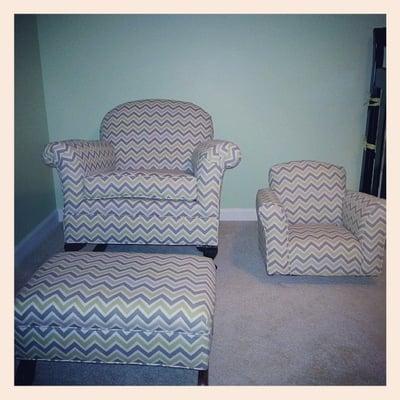 Reupholstered chair by AAA Upholstery! Now I love my matching mommy and baby chairs!