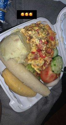 Haitian eggs with boiled plaintain,sweet potato, and salad.