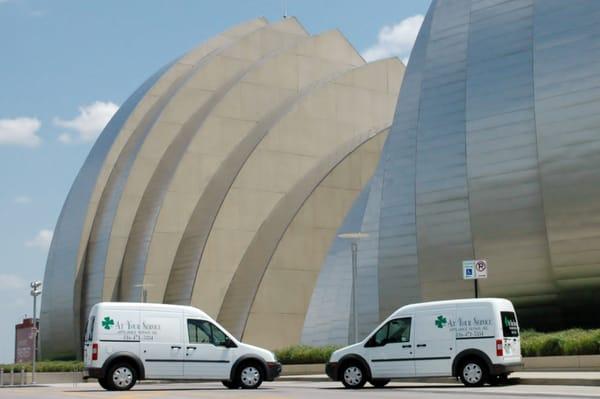 Two of our new appliance repair and service trucks at the Kauffman Center for the Performing Arts in Kansas City, MO.