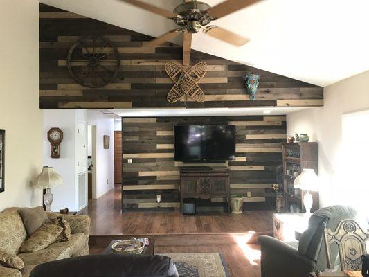 Barn wood accent walls, Paint, Lighting, In-wall entertainment wiring & Interior decorating services.