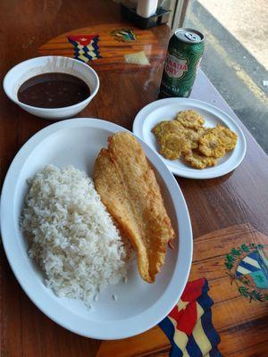 Flounder lightly fried w/ White rice and black beans plus tostones