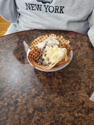 Eggnog chip, pumpkin cheesecake, and white Russian in a waffle bowl. The wife said it was good.