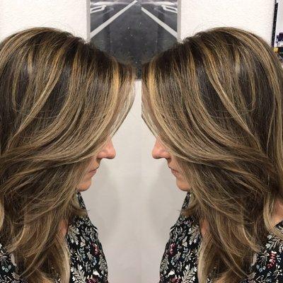 Fall inspired balayage and long layers haircut.  Blonde balayage highlights. Hair by Sharon Chipres