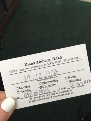 Handy new appointment card I recieved when finished with my check up!