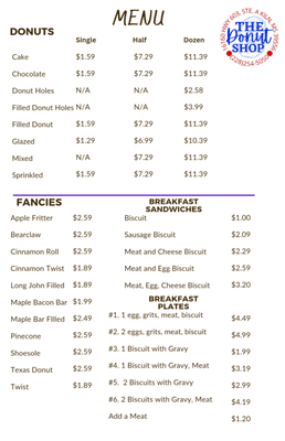 Menu Front
 Prices as of 12/2022