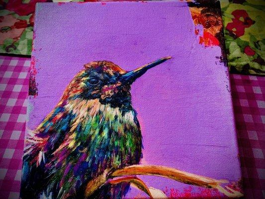 Petite painting of a hummingbird. Vivid pinks and various other colors, ready to hang! Loving this for my dressing room :))))