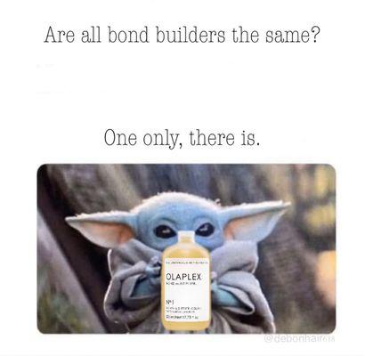 Even Baby Yoda knows there's is only ONE bond rebuilder! Ask me how Olaplex can help your hair!