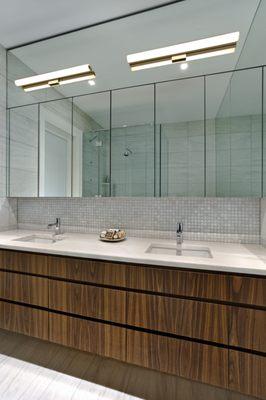 Master bath: 1-1/4" Stone countertop, custom made floating vanity with dual undermount sinks.