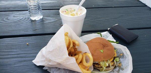 Double cheeseburger with curley fries and sour patch tornado.