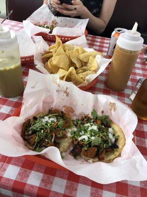 Tacos al pastor and chips