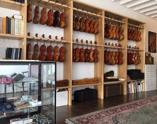 The inside of the showroom...violins galore!