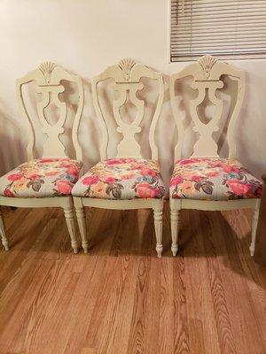 Timeless chairs painted with Annie Sloan old Ogre and reupholstered seat in vibrant colors.