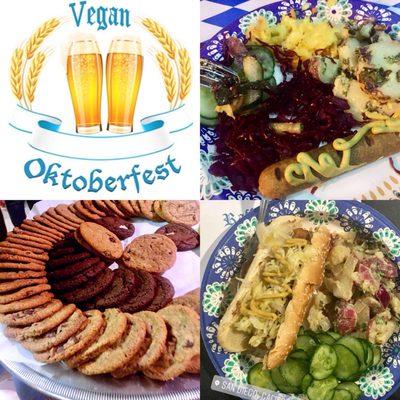 Vegan Octoberfest 2017- vegan frankfurter, kimchi, sauerkraut, potato salad, cucumber salad, and Maya's cookies