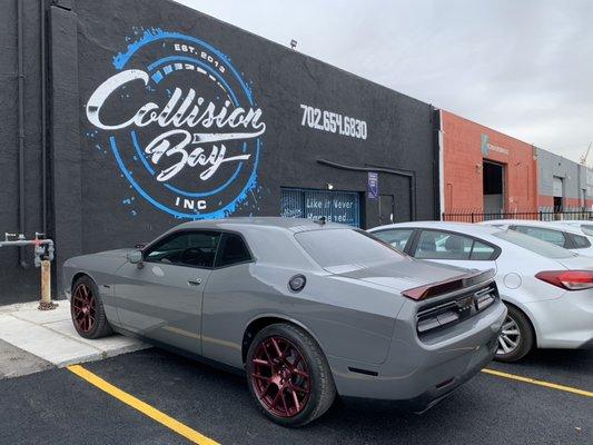 Dodge Challenger Shaker with custom dark cherry pearl rims, spoiler, shaker