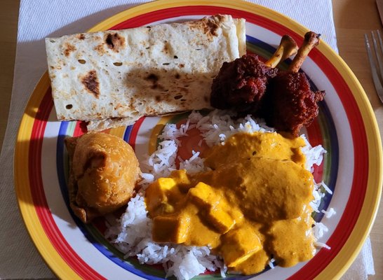 Rectangular! naan, chicken lollipops, butter chicken, mutter paneer, rice, and a really good samosa.