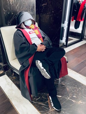 Fit check: Gryffindor Hogwarts cape. Supreme heather gray box logo hoodie. Palm angels black pants. Balenciaga black speed 2.0 trainers.