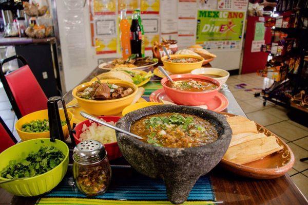 Salsas hechas en molcajete, menudo, pozole, consome de birria and more!