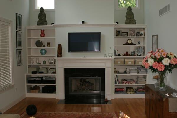 Fireplace/ Custom Bookcase // Mantle/ Plasma & Audio- Plymouth, MI