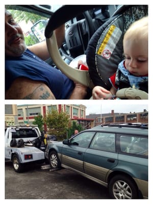 Rich tows our car and Baby gets his first ride in a truck!!