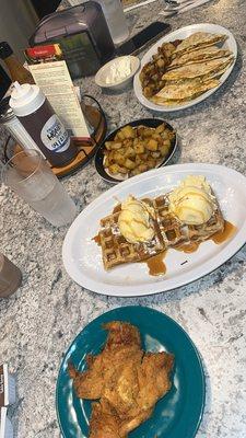 Chicken and Waffle with Fried Chicken Strips and ice cream. Breakf